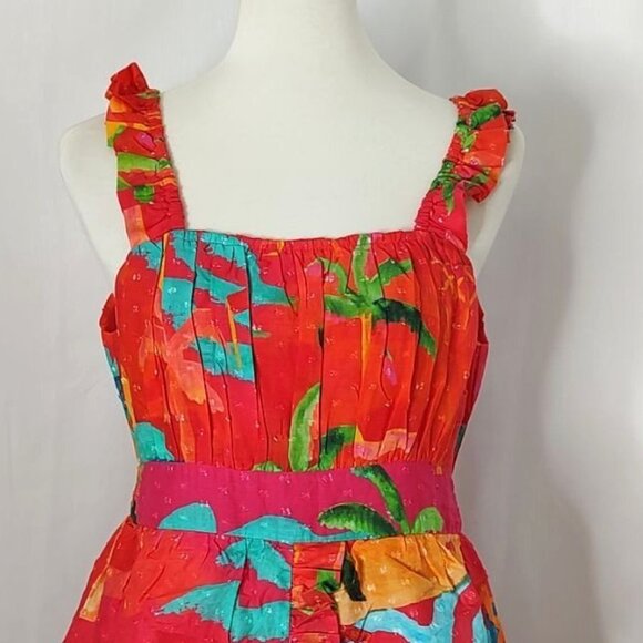 FARM Rio Midi Dress XL Red Ipanema Ruffle Sleeveless Tropical Resortwear - Picture 8 of 15